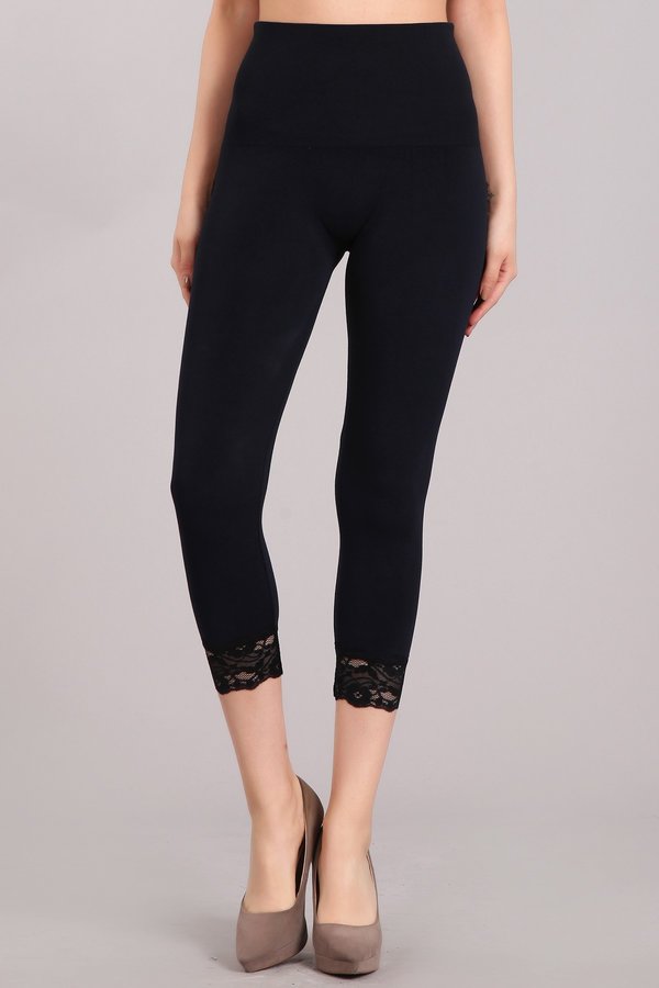 Ladies Womens Cropped 3/4 Length Leggings with Lace Trim Edges Stretch  Trouser Pants Jeggings Plus Size (S-M, Black) : : Fashion