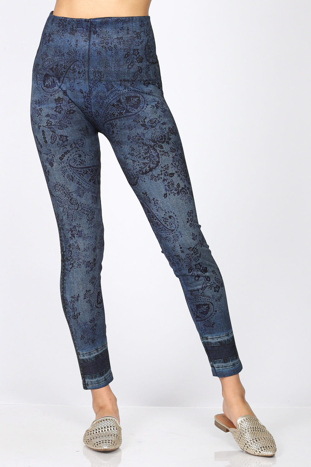Women Leggings Size 2-12 Blue Paisley Print Tights Soft Stretchy Pants