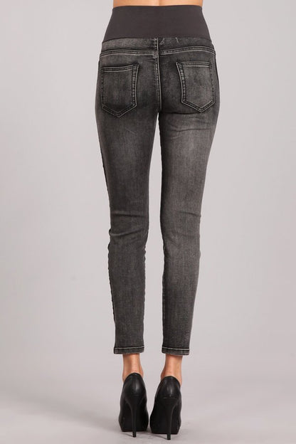 Medium Wash Jeans with High Waistband and Side Contrast Stripes