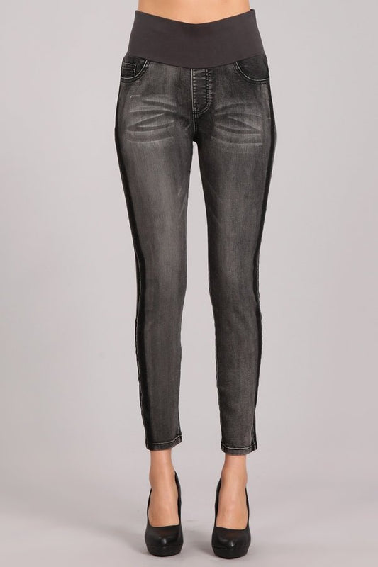 Medium Wash Jeans with High Waistband and Side Contrast Stripes