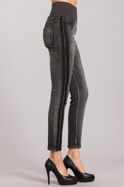 Medium Wash Jeans with High Waistband and Side Contrast Stripes